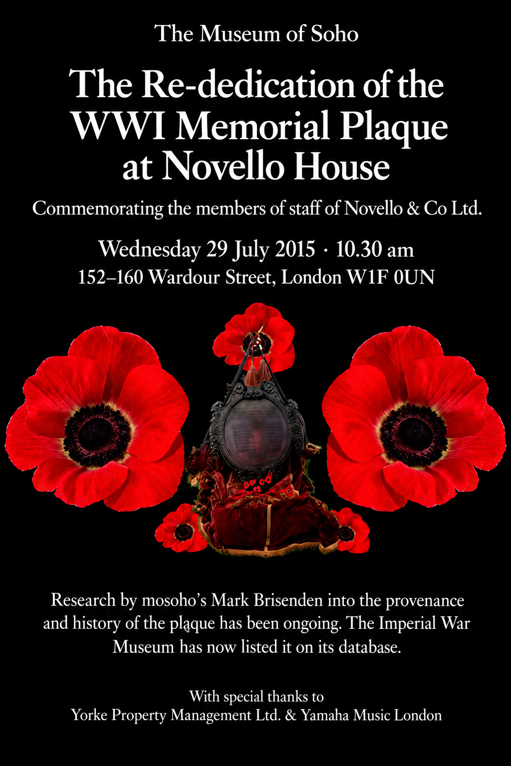 Original 2015 poster for the re-dedication of the First World War memorial plaque at Novello House