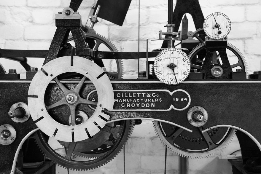 Detail of the Gillett & Co. clock mechanism, dated 1884