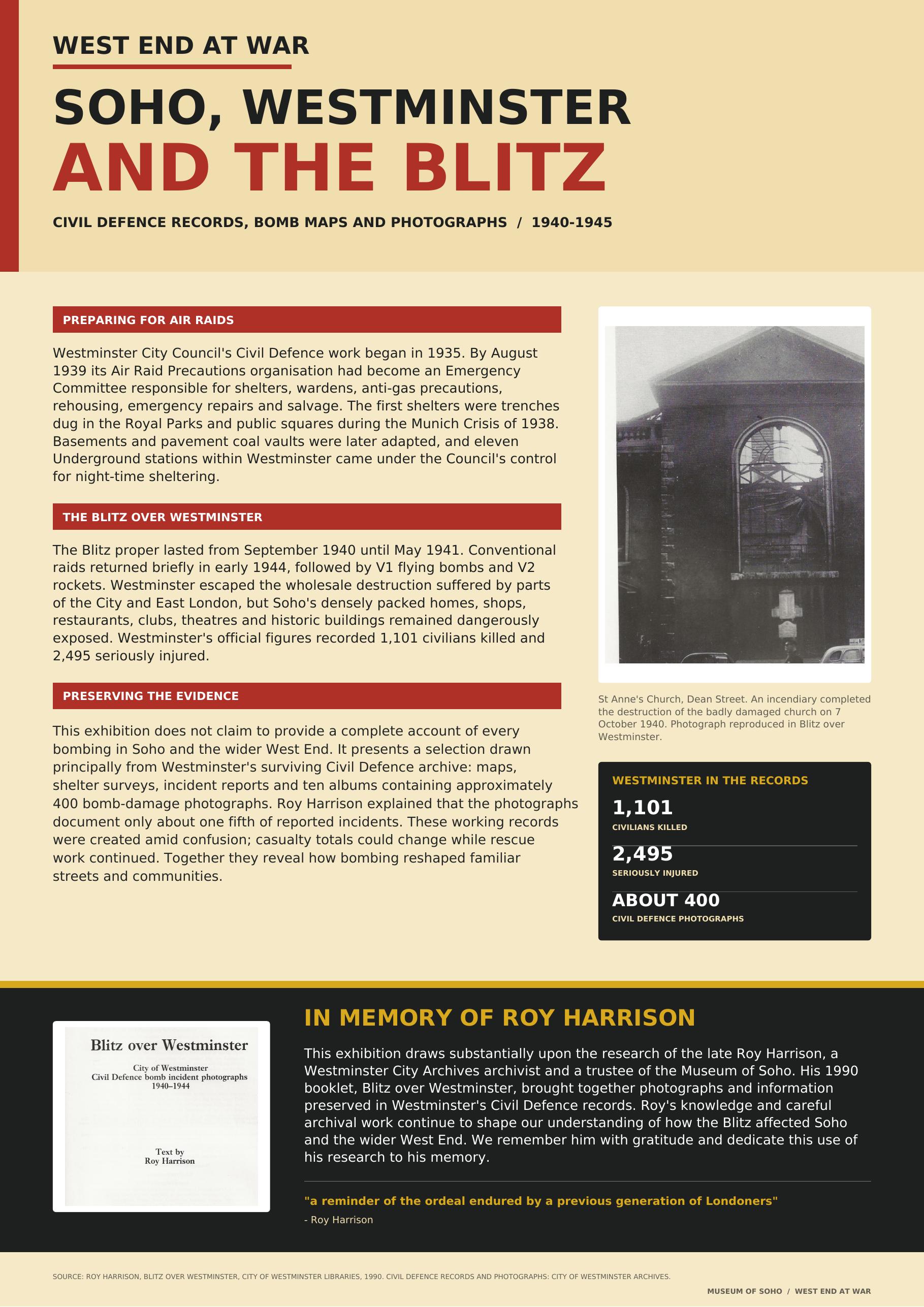 Museum of Soho West End at War panel introducing Roy Harrison and the Civil Defence archive