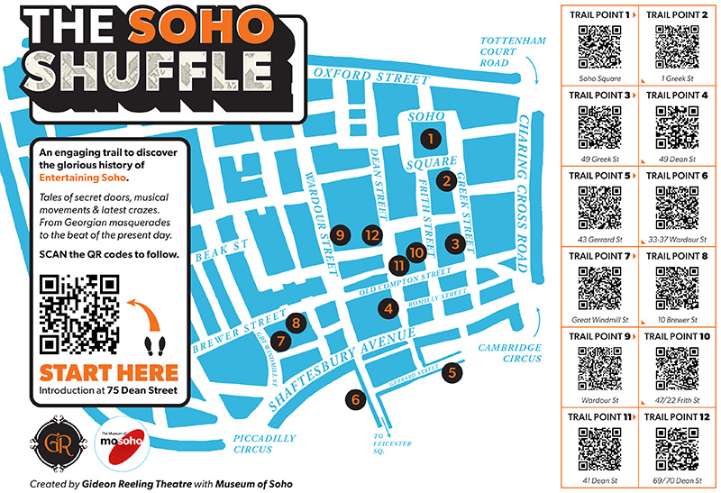 The Soho Shuffle walking trail map with twelve unaltered QR codes